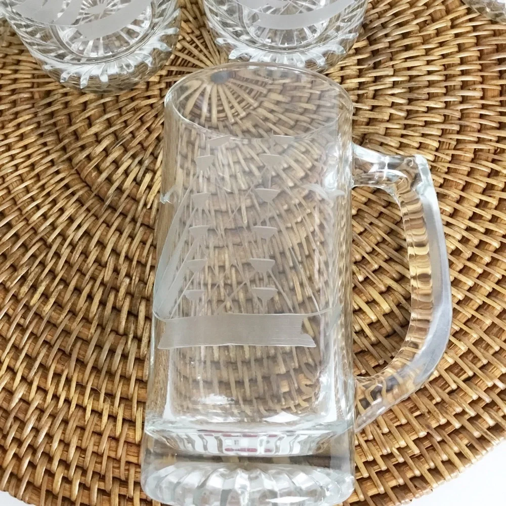 Vintage Etched Nautical Sailing Ship Glass Mug - Beer Glass - Stein Lot 8 Boat